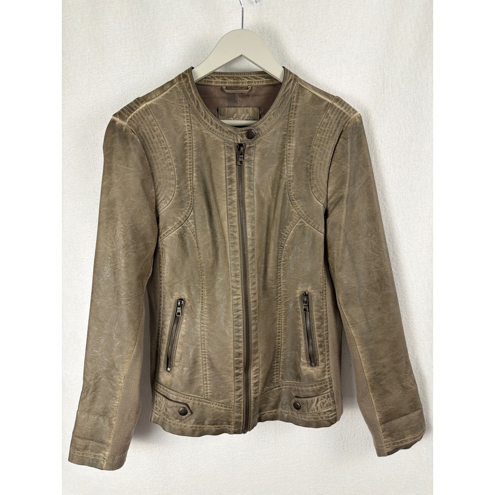 Debby Collection Womens Faux Leather Moto Jacket Brown Ribbed Knit Panels XL